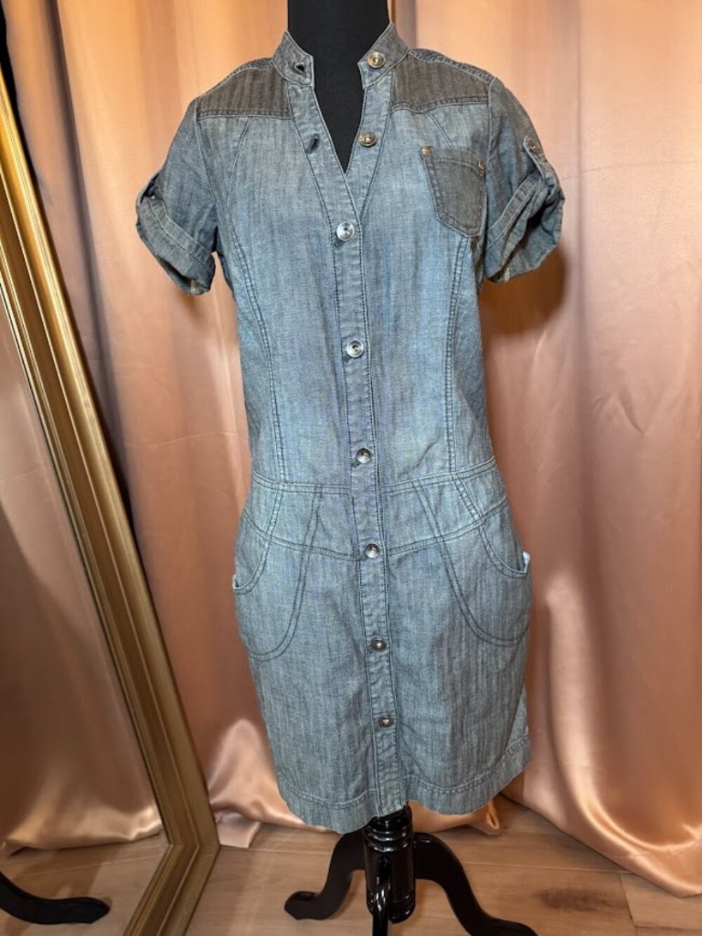 DKNY Jeans Gray Denim Shirt Dress Button Front Utility Mini Size S